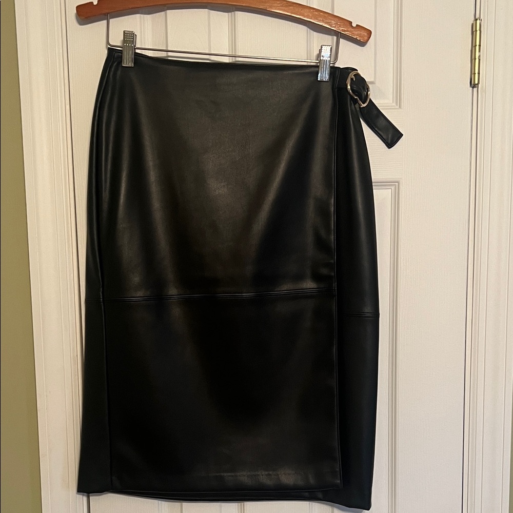 White House Black Market Black Faux Leather Pencil Skirt with Side Buckle
